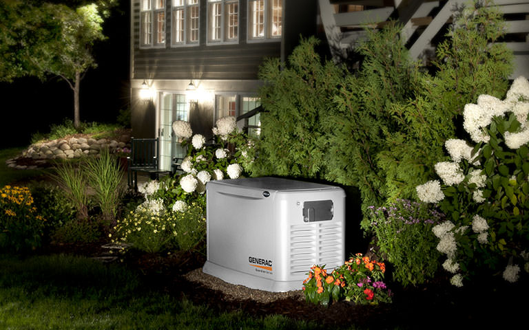whole house generator, home generator, generac generator on standby outside a home
