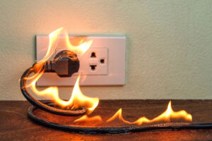 A cord that is plugged into an electrical outlet that is on fire